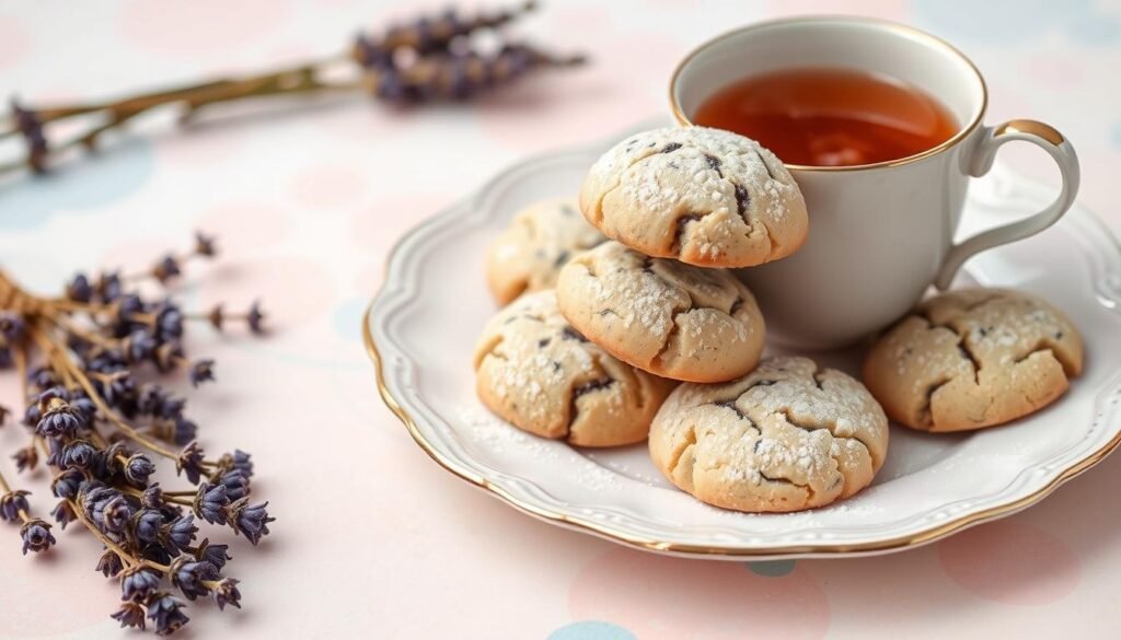 A plate of cookies dusted with powdered sugar sits next to a cup of tea and dried lavender.