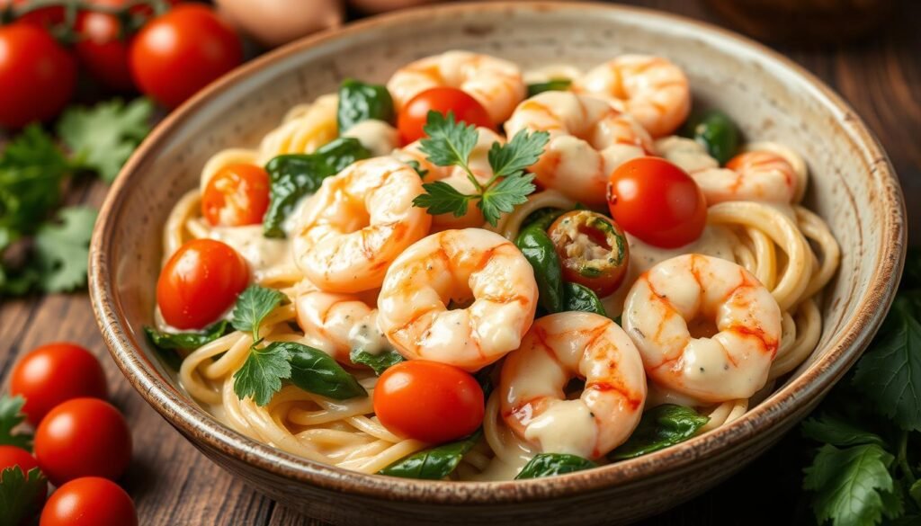 Healthy Shrimp Alfredo with Spinach and Tomatoes