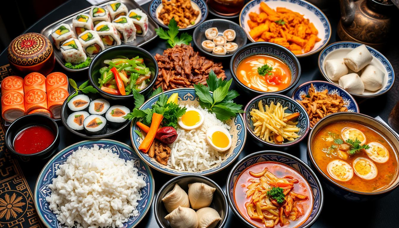 A table filled with a variety of colorful Asian dishes served in decorative bowls.