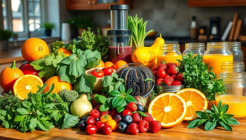 Fresh fruits, vegetables, and jars of juice sit on a wooden table next to a juicer.