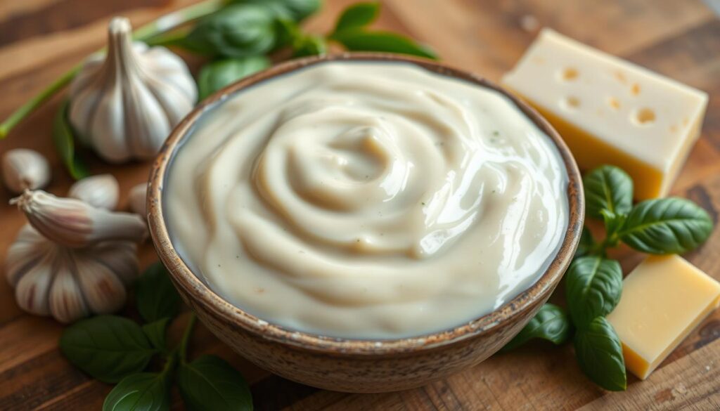 A bowl of creamy sauce sits on a wooden board surrounded by fresh basil, garlic, and cheese.