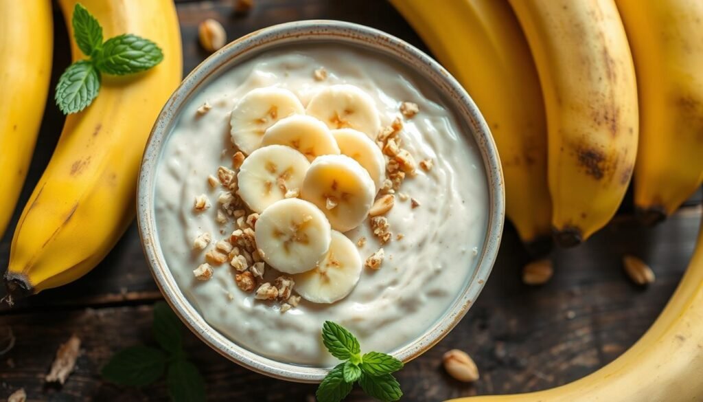 A bowl of creamy banana yogurt topped with sliced bananas, chopped walnuts, and mint sits on a wooden table surrounded by whole bananas.