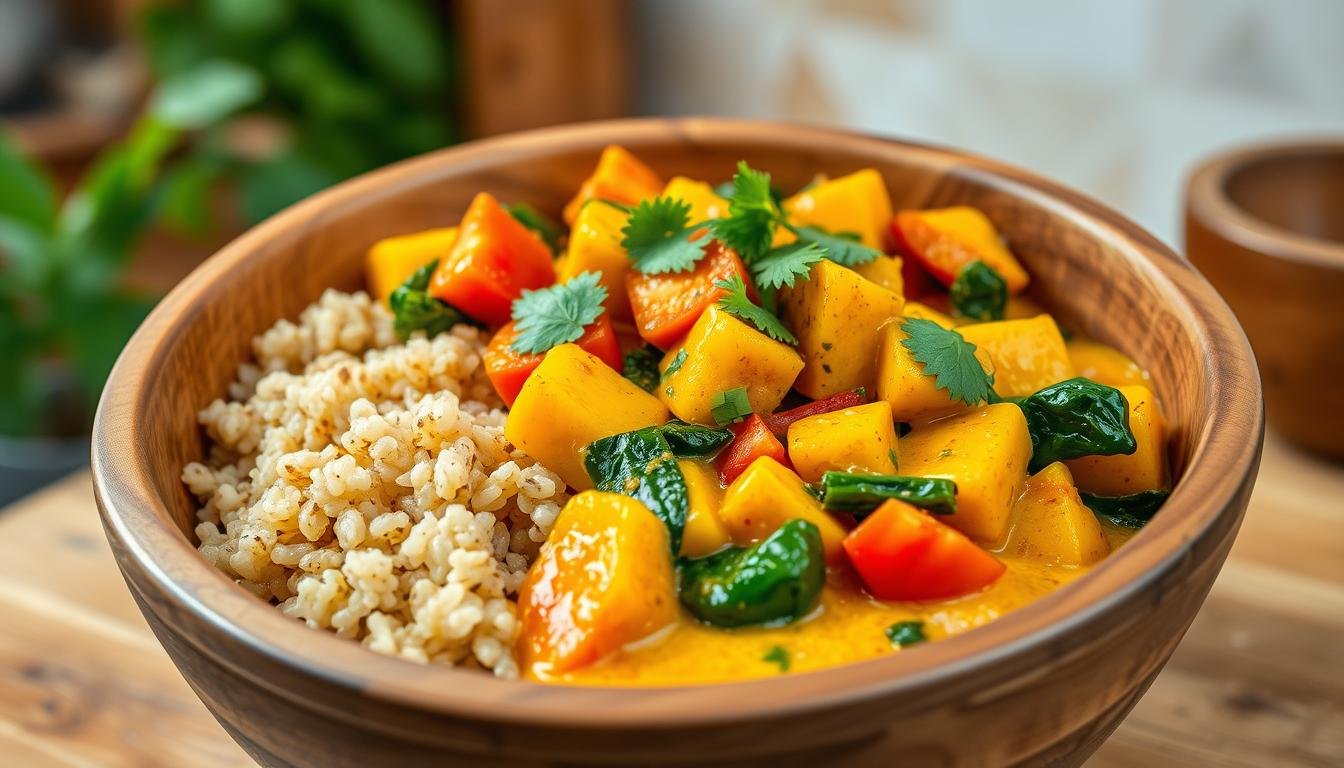 A wooden bowl is filled with cooked grains and a vibrant yellow curry with butternut squash, spinach, and herbs.