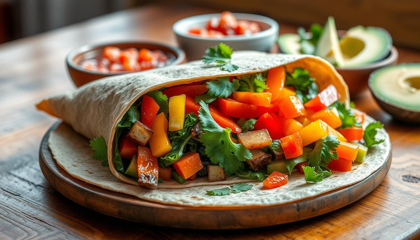 A flour tortilla is partially wrapped around colorful chopped vegetables including peppers, avocado, and tofu.