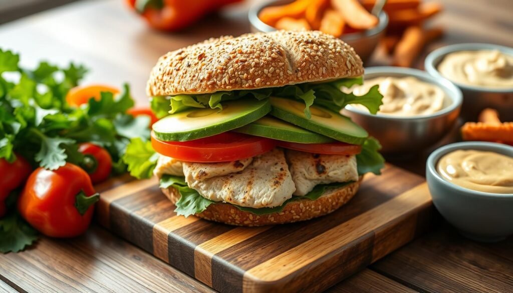 A grilled chicken sandwich on a wooden cutting board with lettuce, tomato, and avocado.