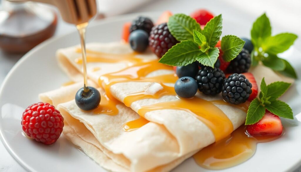 Thin crepes topped with fresh berries, mint, and a drizzle of honey are served on a white plate.