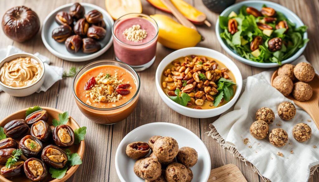 A table filled with various healthy vegan dishes and snacks, including dates, smoothies, soups, salads, and energy balls.