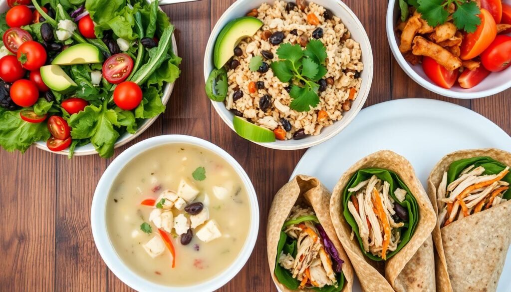 A table is set with bowls and plates of chicken, rice, beans, salad, soup, and wraps.