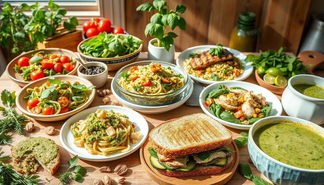 A table filled with various dishes featuring pesto, including pasta, salads, soups, and a sandwich.