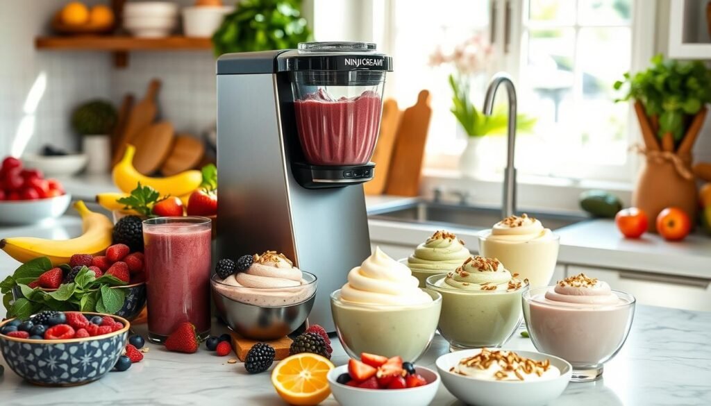 A Ninja CREAMi ice cream maker sits on a kitchen counter surrounded by fresh fruit and bowls of ice cream.