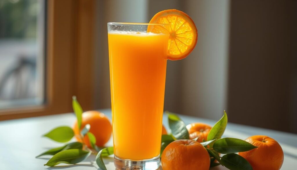 A tall glass of orange juice sits on a table near a window, with fresh oranges and green leaves scattered around it.