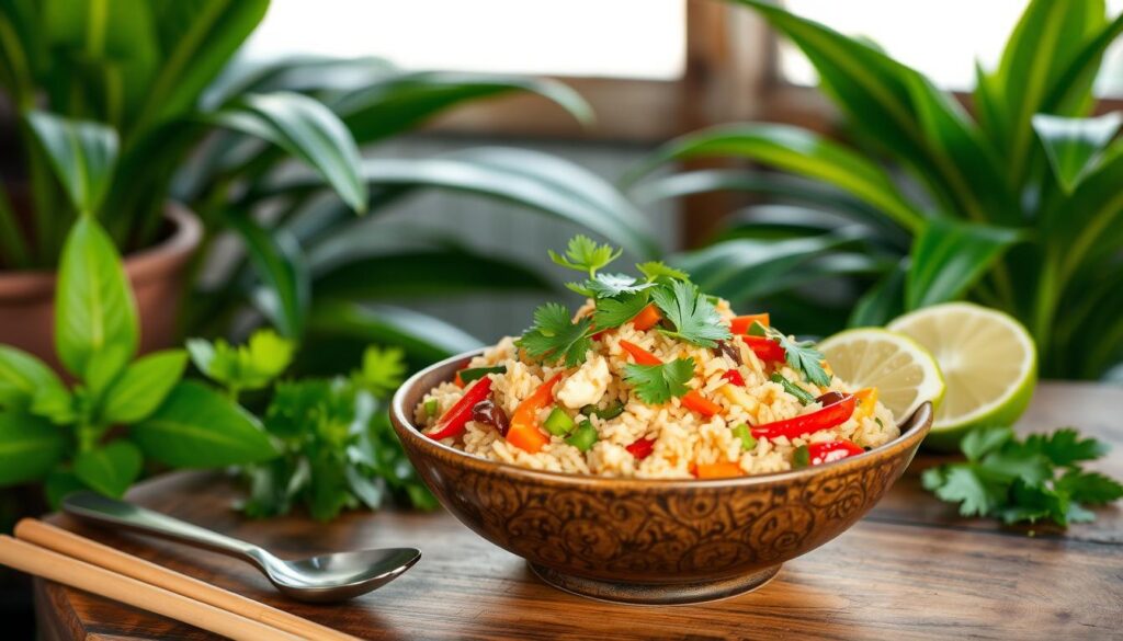 A bowl of seasoned rice with chopped vegetables and cilantro sits on a wooden table.