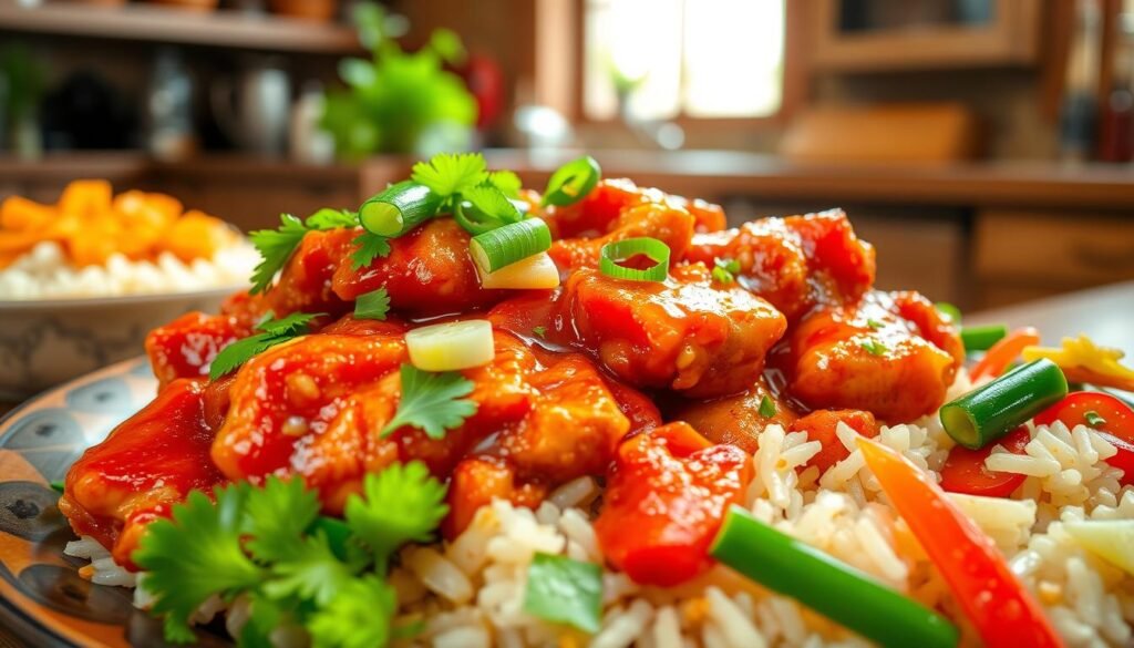 Close-up of a plate of General Tso's chicken over rice with chopped vegetables.