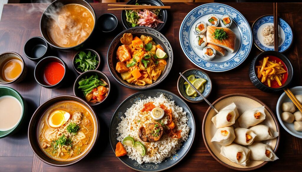 A table filled with various Asian dishes, including steaming soup, sushi, curry, rice, and spring rolls.