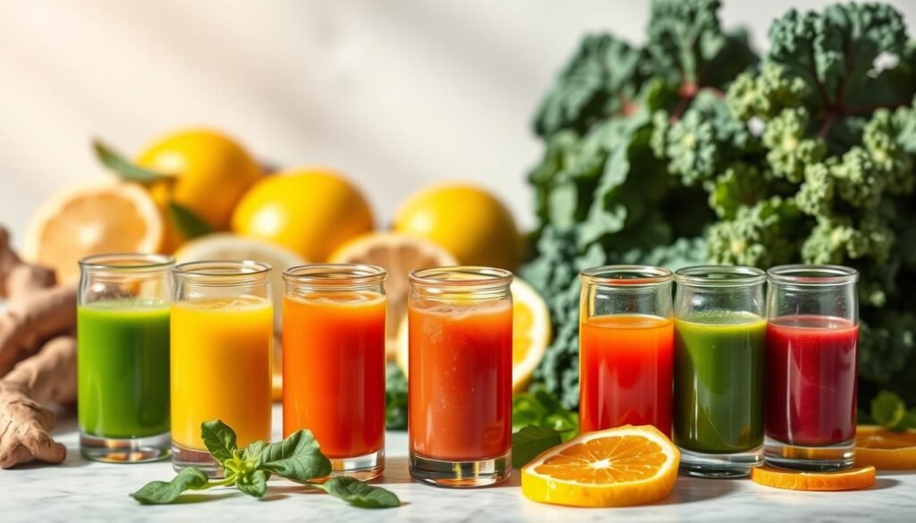 Seven glasses of colorful juice sit on a marble counter in front of lemons, ginger, and kale.