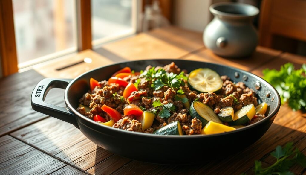 Low-carb breakfast skillet with vegetables and meat